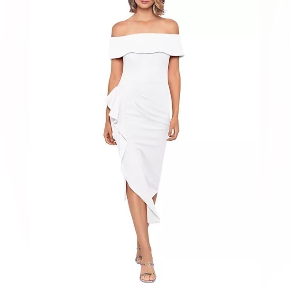 AQUA Off-the-Shoulder Ruffle Midi Sheath Dress - White size 12